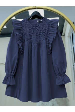 Lace Embroidered Poplin Tunic with Shoulder Ruffle Robe   -Navy blue