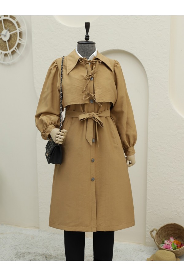 Front Tie Detail Buttoned Pocket Trench Coat -Snuff