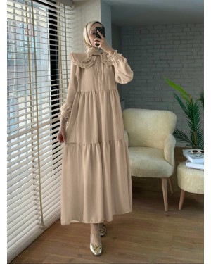 Baby Collar Ruffled Piece Imported Linen Dress -Mink color