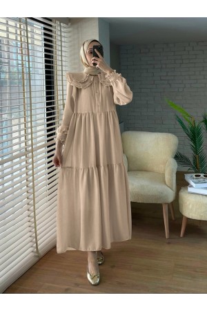 Baby Collar Ruffled Piece Imported Linen Dress -Mink color
