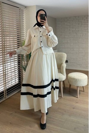 Ceketi Çift cepli Teği şeritli Keten Takım -Taş