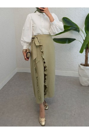 تنورة مزدوجة الطبقات مع كشكشة وفتحة خصر مربوطة -كاجلا جرين