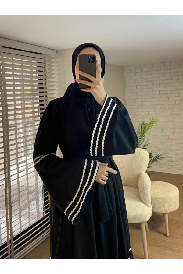 Partial Dress with embroidered sleeves and skirt -Navy blue
