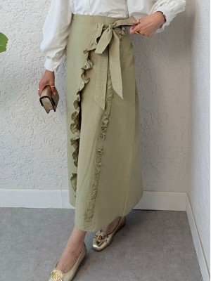 Beli Bağlamalı Çift Kat Yırtmaçlı Fırfırlı Etek -Çağla Y.