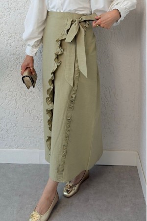 Beli Bağlamalı Çift Kat Yırtmaçlı Fırfırlı Etek -Çağla Y.