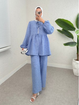 Önü Bağlamalı Parçalı Kolu Lastikli Takım  -Mavi