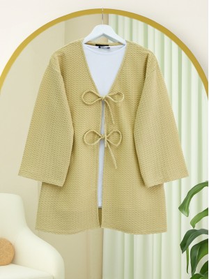 Honeycomb Pattern Kimono with Double Lace Front -Oil Green