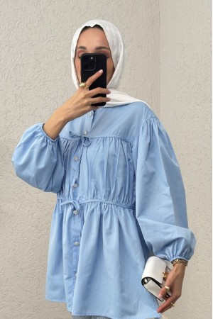 Önü Bağcık Detaylı Boydan Düğmeli Gömlek Tunik -Bebe Mavi