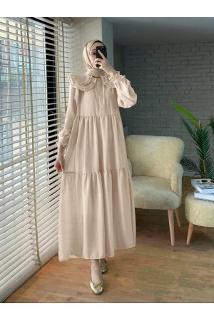 Baby Collar Ruffled Piece Imported Linen Dress   - Beige