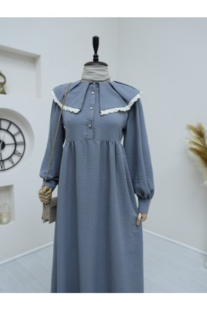 Önlük Yaka Büzgülü Yarım Düğme Keten Elbise  -Gri