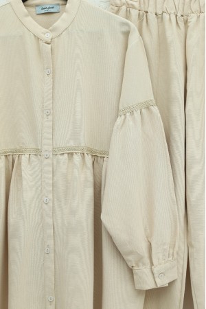 Robadan Büzgülü Dantel İşlemeli Keten Takım   -Açık Kahve