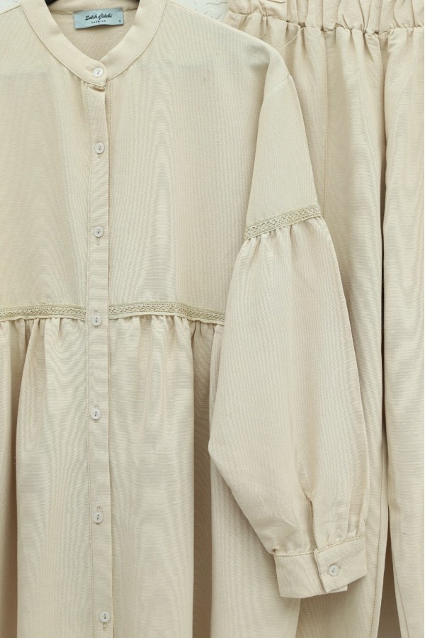 Gathered Lace Embroidered Linen Set   -Light coffee