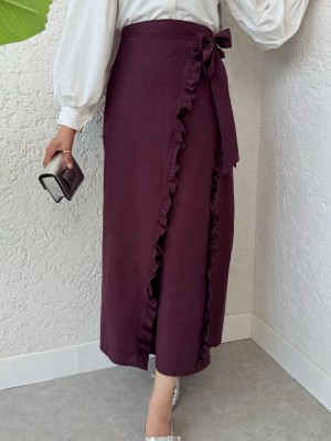 Beli Bağlamalı Çift Kat Yırtmaçlı Fırfırlı Etek -Mürdüm