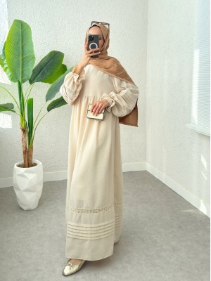 Parçalı Kolu Lastikli Keten Elbise -Taş