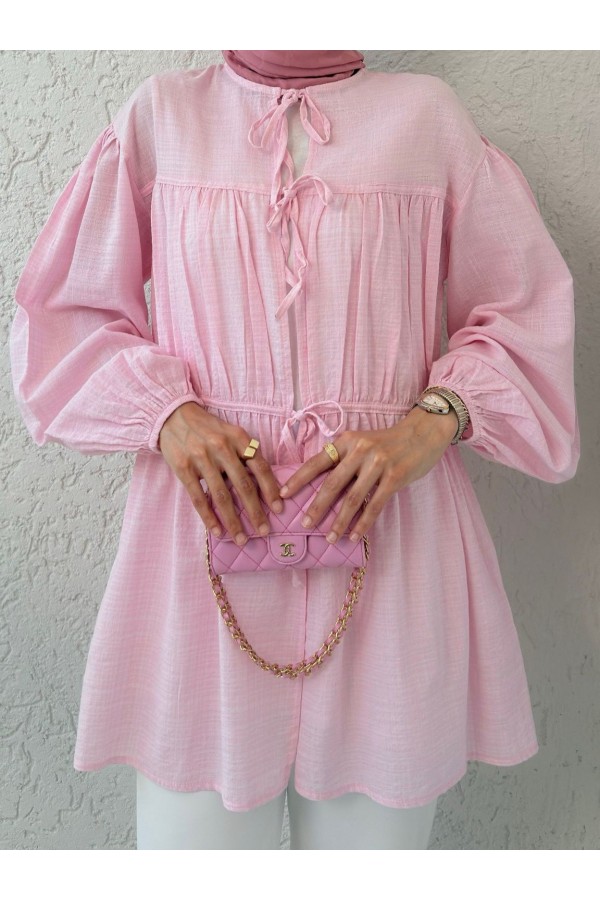 Tie Front Elastic Sleeve Shirt -Pink