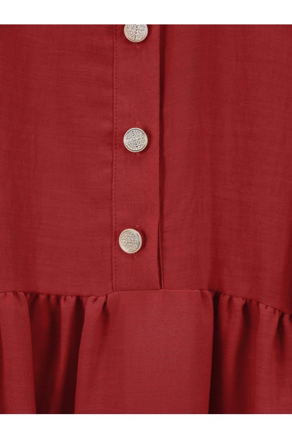 Half Buttoned Tunic with Elastic Sleeves -Red