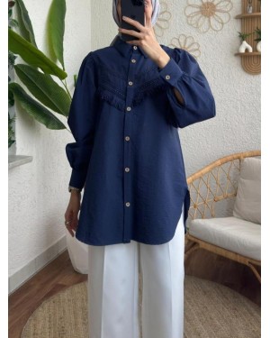 Guipure Tassel Raw Cupra Balloon Sleeve Shirt -İndigo