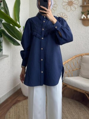 Güpür Püsküllü Ham Cupra Balon Kol Gömlek -İndigo