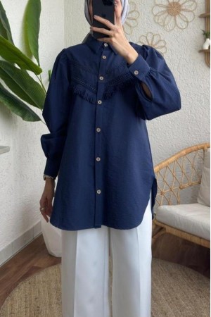 Güpür Püsküllü Ham Cupra Balon Kol Gömlek -İndigo
