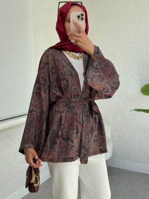 Ethnic Patterned Laced Kimono -Brown