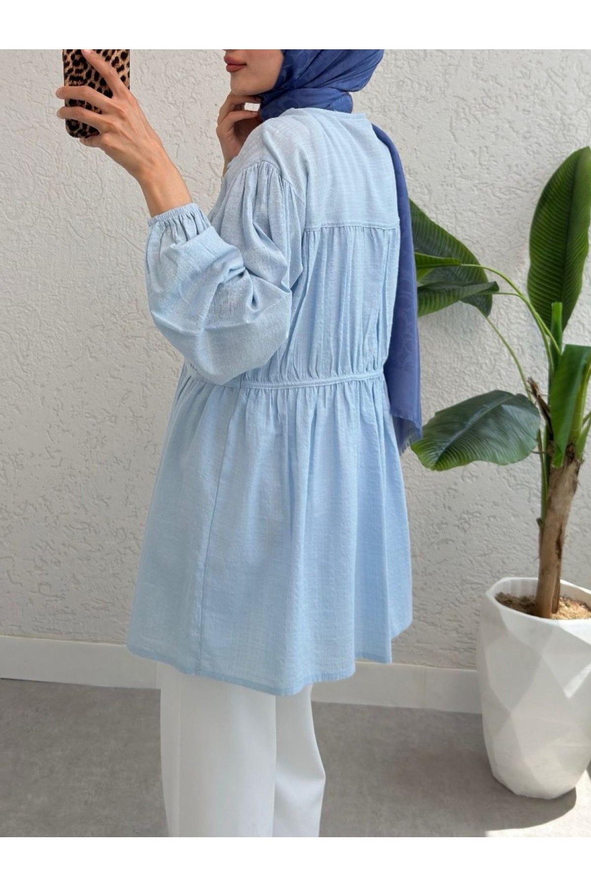 Tie Front Elastic Sleeve Shirt -Baby Blue