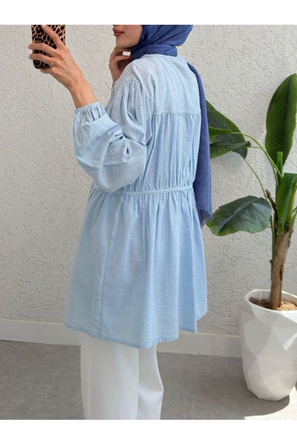 Tie Front Elastic Sleeve Shirt -Baby Blue