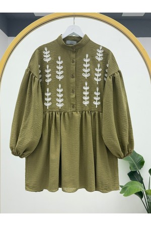 سترة من الكتان مطرزة بنصف أزرار  -خاكي