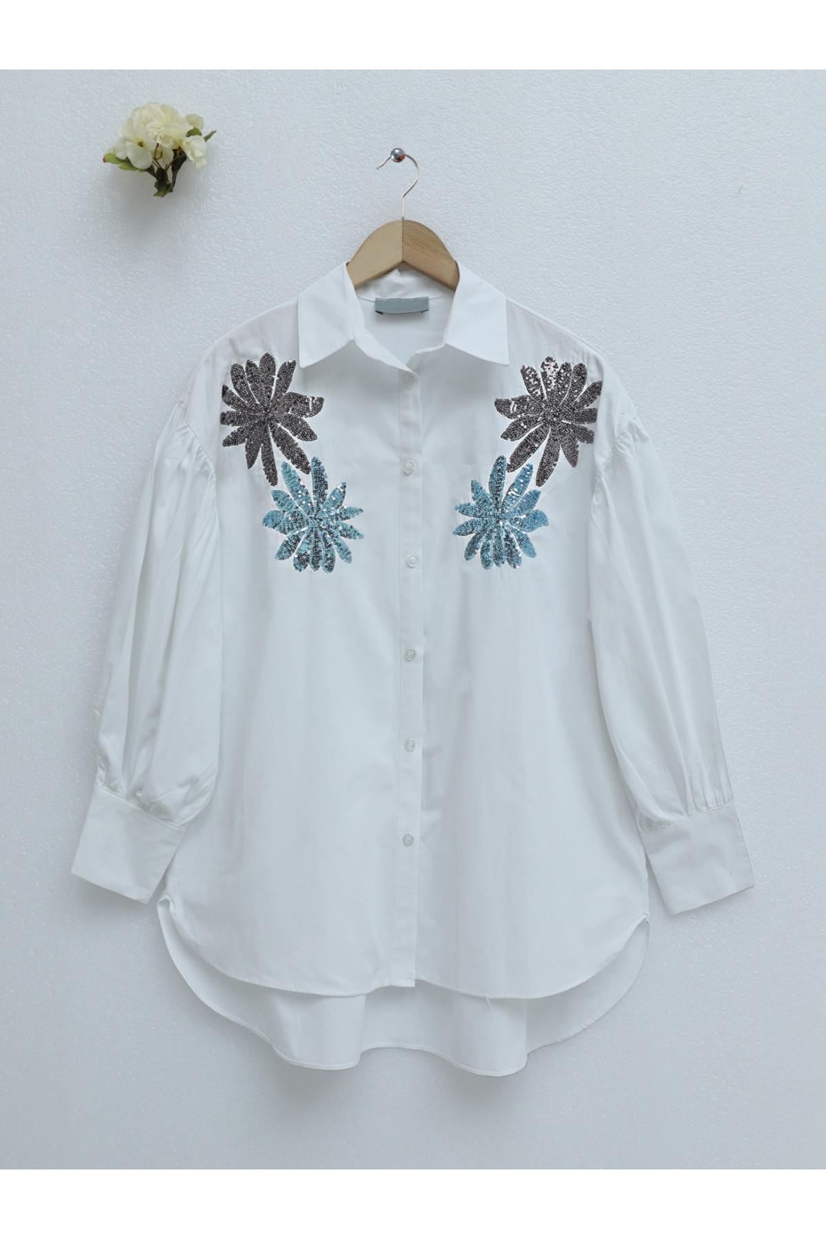 Sequin Embroidered Cotton Poplin Shirt -White