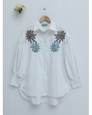 Pul Payet İşlemeli Pamuk Poplin Gömlek  -Beyaz