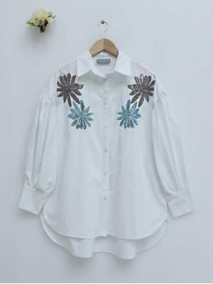 Pul Payet İşlemeli Pamuk Poplin Gömlek  -Beyaz