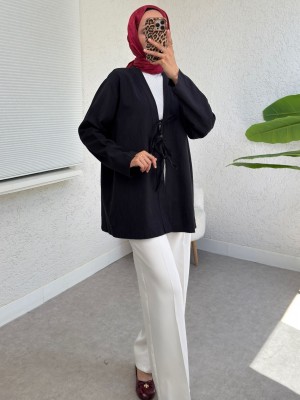 Linen Kimono with Three Laces in Front -Black