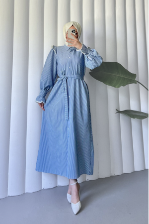 Önü Düğmeli Dantel Detaylı Kemerli Elbise -İndigo