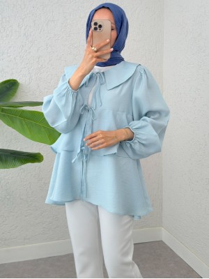 Peter Pan Collar Kimono with Tied Front and Layered Skirt -Baby Blue