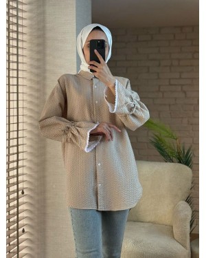 Wrapped Shirt with Gathered Sleeves and Scallops   -Mink color