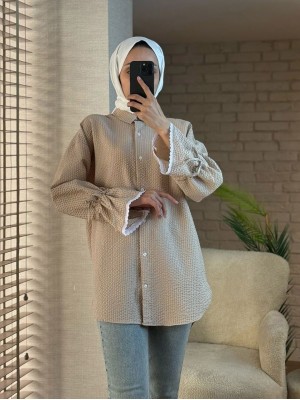 Kolu Büzgü Ve Fistolu Bürümcük Gömlek   -Vizon