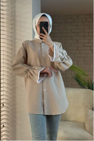 Kolu Büzgü Ve Fistolu Bürümcük Gömlek   -Vizon