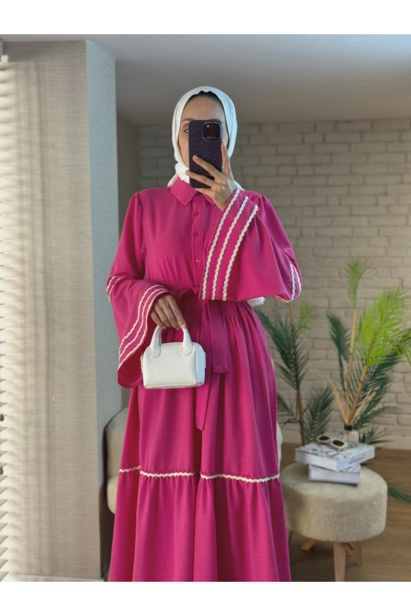 Partial Dress with embroidered sleeves and skirt    -Fuchsia