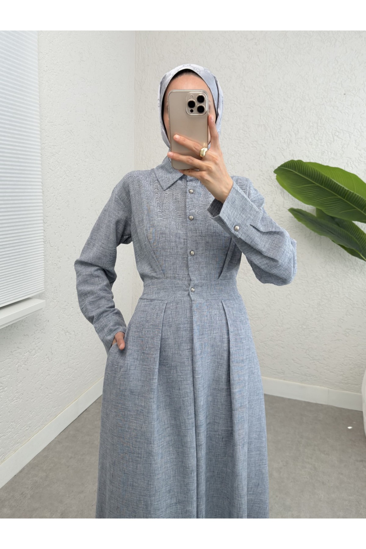 Half Buttoned Elastic Waist Linen Dress -Ice Blue