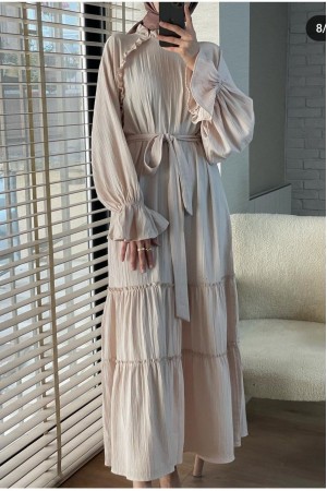 Frilled Collar, Elastic Sleeves, Belted Dress  - Beige