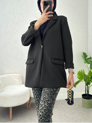 Cepli Tek Düğmeli Likralı Ceket -Siyah