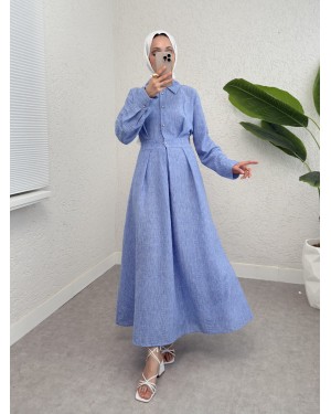 Half Buttoned Elastic Waist Linen Dress -Blue