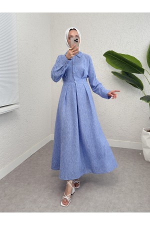 Yarım Düğmeli Beli Lastikli Keten Elbise  -Mavi