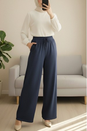 Beli Lastikli Bağcık Detaylı Cepli Bol Paça Tensel Pantolon -Laci