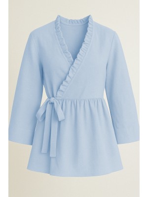 Yakası Fırfırlı Yandan Bağlamalı Keten Kimono  -Bebe Mavi