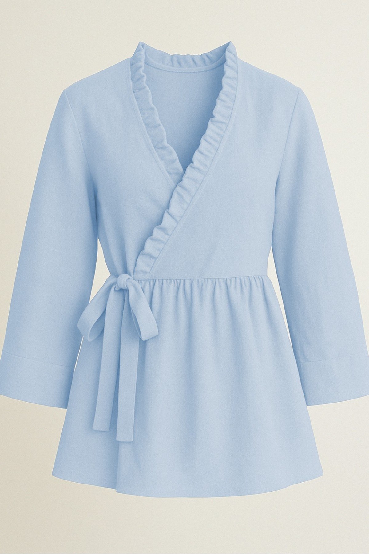 Linen Kimono with Side Tie and Ruffle Collar  -Baby Blue