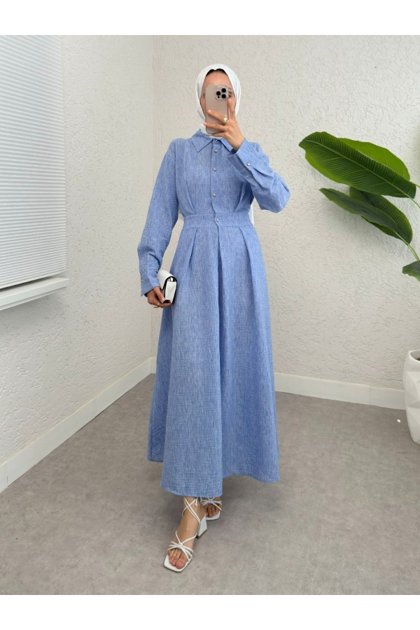Half Buttoned Elastic Waist Linen Dress -Blue
