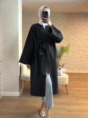 Long Kimono with Side Tie Pockets -Black