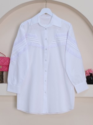 Boydan Düğmeli Omuzu  Ve Önü Fistolu Gömlek -Beyaz