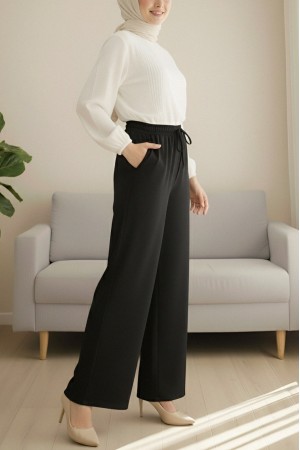 Beli Lastikli Bağcık Detaylı Cepli Bol Paça Tensel Pantolon -Siyah