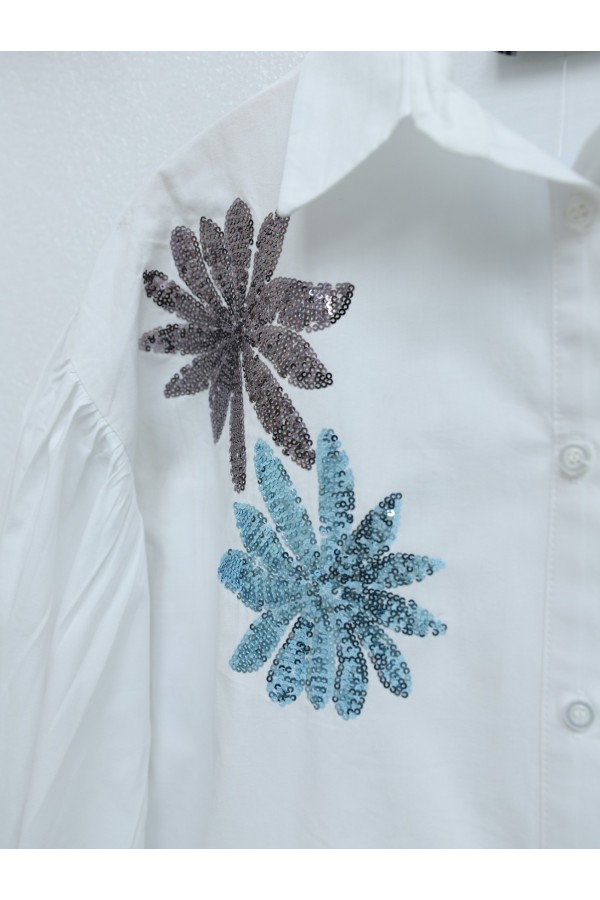 Sequin Embroidered Cotton Poplin Shirt -White